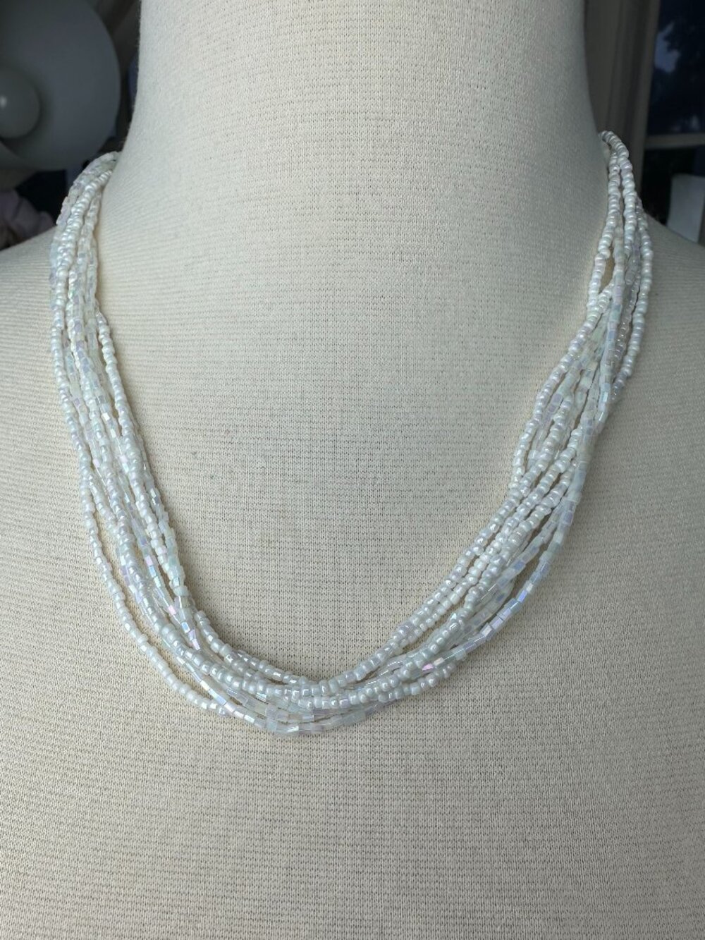 Vintage White Iridescent Multi Strand Beaded Necklace Seed Bugle Beads 20”